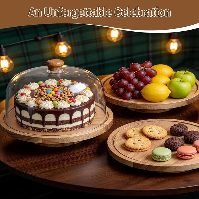 Acacia Wood Cake Stand with Lid, 12in Wooden Cake Stand with Acrylic Dome, Cake Display Stand with Acrylic Dome for Baking, Wedding, Kitchen, Birthday, Parties(Not Glass)