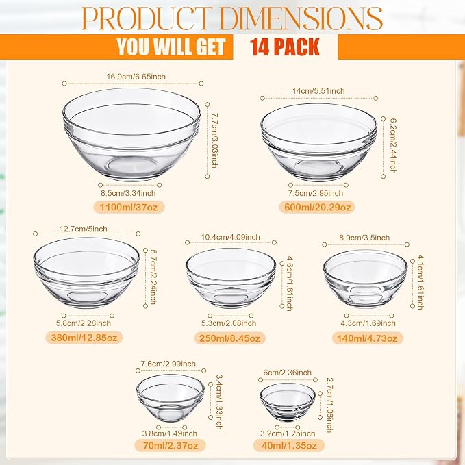 Sawysine 14 Pcs Glass Prep Bowl Sets Clear Small Pinch Bowls Salt Spices Ingredients Serving Bowl Stackable for Kitchen Prep Cooking Dishwasher Safe (1.35oz/2.37oz/4.73oz/8.45oz /12.85oz/20.29oz/37oz)