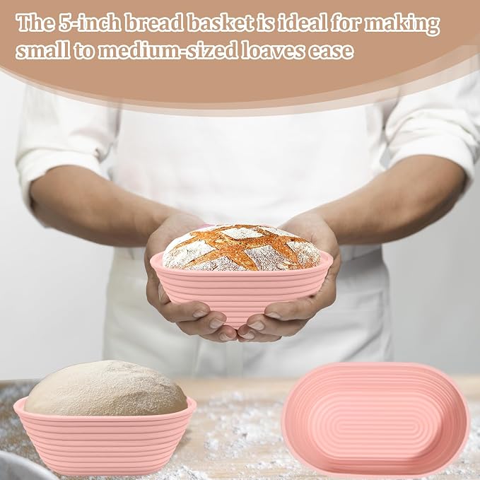 4Pcs Mini Silicone Banneton Bread Proofing Baskets, 6.5" Sourdough Banneton Proofing Baskets, Non-Stick Oval Dough Proofing Bowl Contain