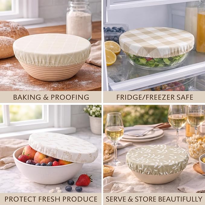 Mindsoft 4 Pcs Reusable Bowl Covers for Bread Proofing, 4/8/10/13 Inch Linen Cotton Blend Bowl Lids with Elastic, Durable Food Covers for Sourdough Bread Dough Proofing Food Storage Fruits Leftover