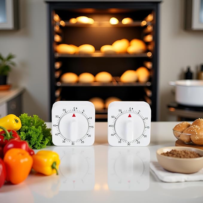 2Pcs White Timer Clock 60-Minute Mechanical Kitchen Timer Wind up Visual Cooking Clock with Loud Alarm No Batteries Required Ideal for Cooking Baking and Kitchen Management