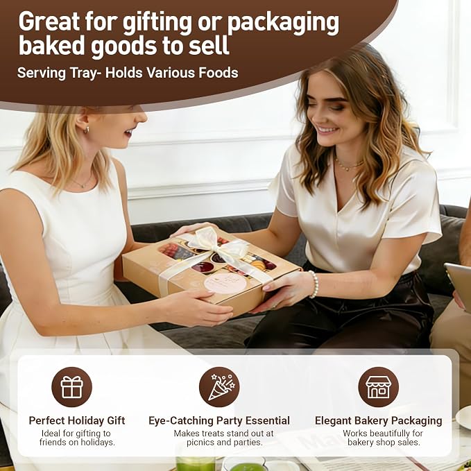 Brown Pastry Box with Cover Oil-Proof,12 Sets Food Containers w/Dividers of Strong Cardboard, Catering Box w/Lids As Appetizer To Go Container for Picnic Party 4-7 people [12"x10"x2.5"]