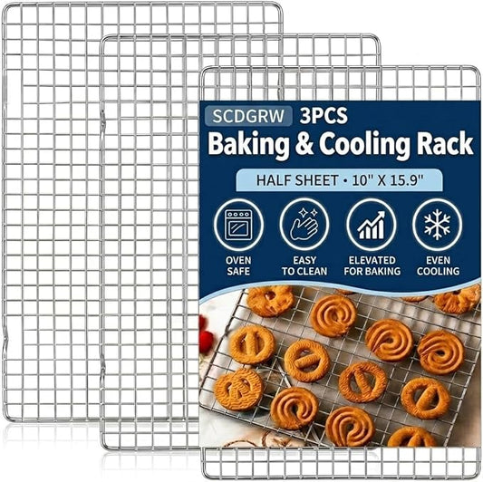 Cooling Rack forCooking and Baking 3-Pack, 10"x16" Stainless Steel Wire Rack, Oven Safe 500°F, Heavy Duty & Warp Resistant, Fits Jelly Roll Cookie Sheet Pan,Dishwasher Safe。