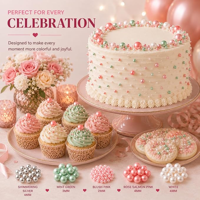 Confect Pearl Sprinkles | Mermaid Party Ball Sprinkles for Cakes & Cupcakes Decoration | Assorted pack of 5 Mix Sliver, Teal, Baby Pink, Bright Red & White Dragees -Vegan, Gluten-Free, Nut-Free, Soy-Free, Dairy-Free, Palm Oil-Free, No Artificial Dyes -...