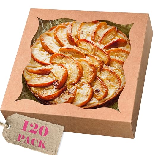 qiqee Auto-pop Up Brown Pie Boxes with Window 12"x 12"x 3" 120Packs Cookie Donut Bakery Box
