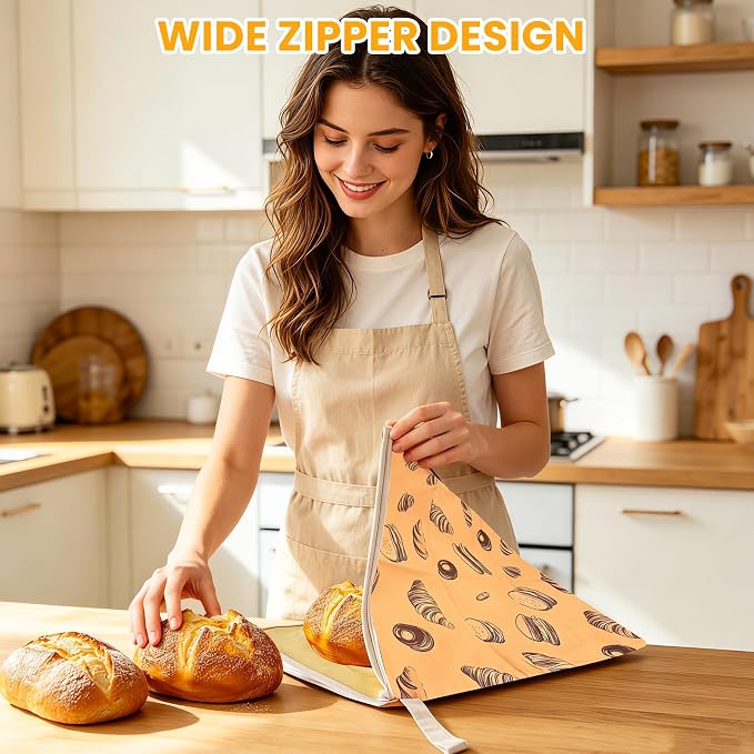 2 Pack Wide Zipper Access Beeswax Bread Bags for Sourdough Bread, Reusable Organic Linen Beeswax Bread Bag for Homemade Sourdough for Homemade Bag to Keep Fresh Longer, Kitchen Storage (Brown)