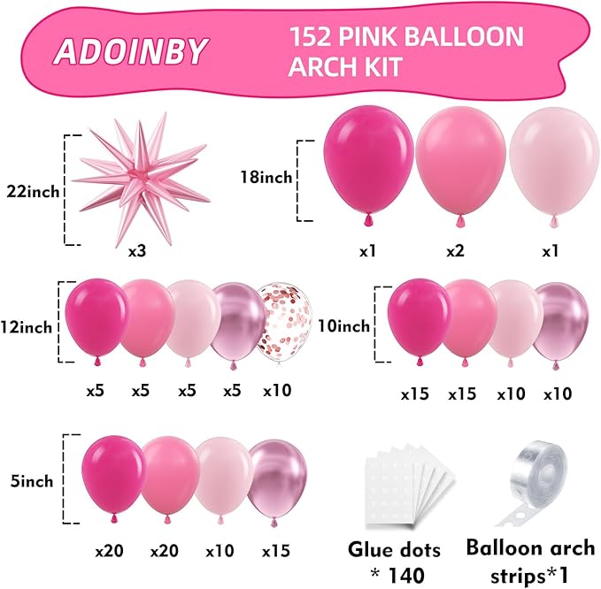 Pink Balloon Arch Kit, 152Pcs Hot Pink Metallic Pink Shades of Pink and Confetti Balloon Garland kit, Different Size Balloons for Girl Birthday Baby Shower Princess Wedding Party Decorations