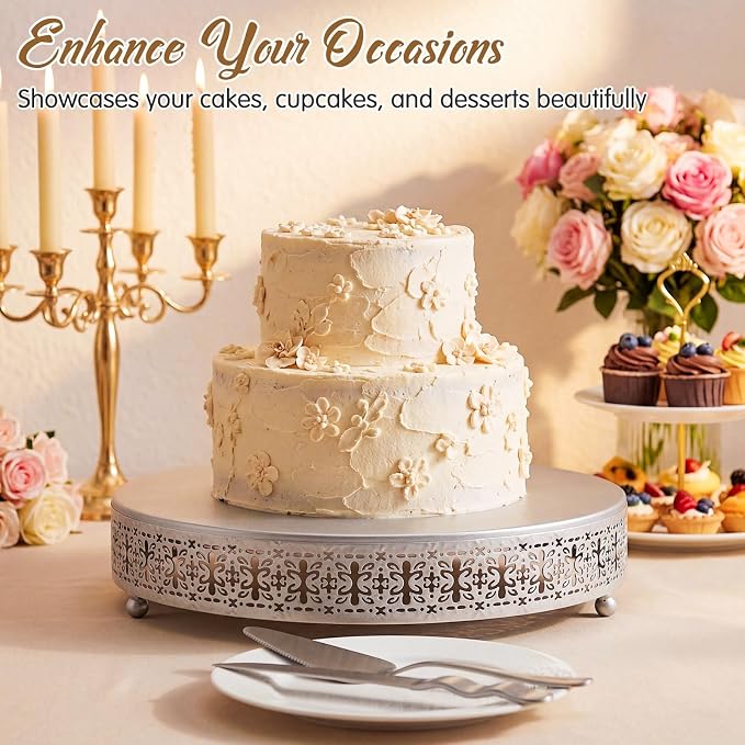 Wenqik Silver Cake Stand 16 Inch Metal Round Cupcake Dessert Wedding Cake Stand with Cutting & Spatula Cookies Display Holder Fruit Serving Tray for Table Wedding Birthday Anniversary Party