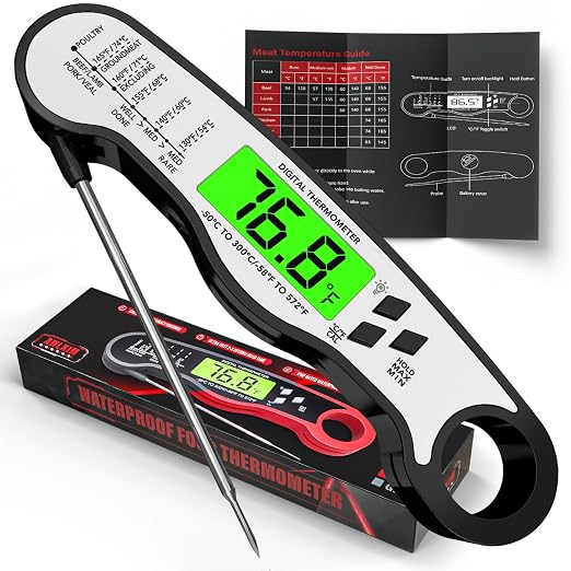 AWLKIM Digital Meat Thermometer, Instant Read Thermometer, Black | Grill, BBQ, candy and baking thermometer with backlit display, foldable probe and magnetic storage.