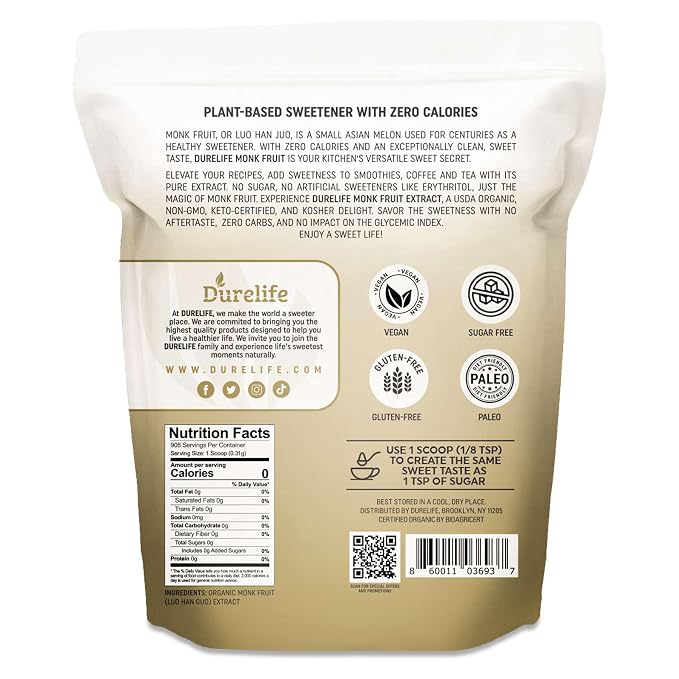 DureLife Organic 100% Pure Monk Fruit Sweetener, No Erythritol, 10 Oz | Zero Calorie Sugar Substitute, No Fillers, Keto Certified, OU Kosher, USDA Organic, Non-GMO Project Verified
