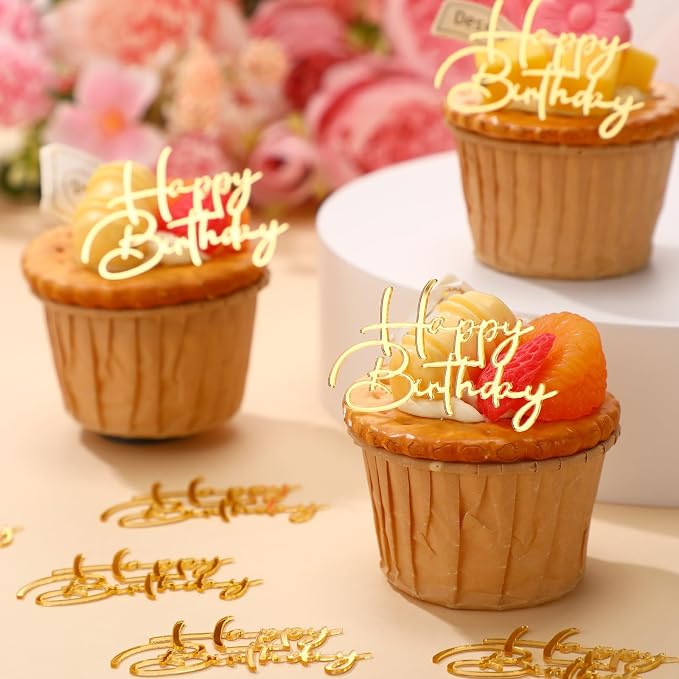 Weysat 30 Pcs Gold Mirror Acrylic Cupcake Toppers Happy Birthday Cake Decorations for Birthday Party Cupcake Toppers