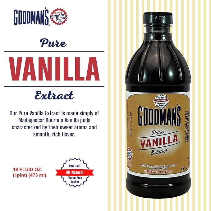 Goodman's Pure Vanilla Extract - Gluten-Free, Non-GMO, Kosher, Low Carb & Low Calorie - Madagascar Bourbon Vanilla Extract Ideal for Baking, Cooking & More - No Animal Products, No Sugar (16oz Bottle)