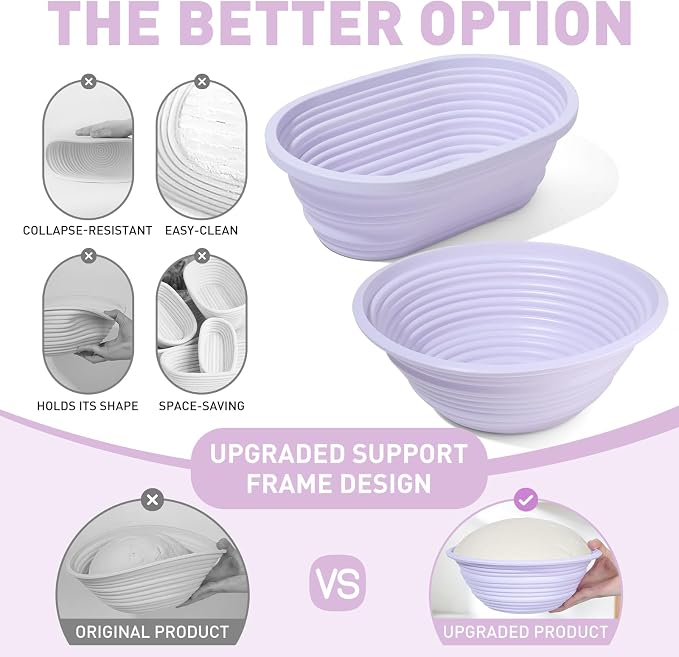 Sourdough Starter Kit,9" Round & 10" Oval Silicone Banneton Bread Proofing Basket Set with Reinforced Support,Sourdough Bread Baking Supplies Kit,34oz Sourdough Starter Jar,Baking Mat(Purple)
