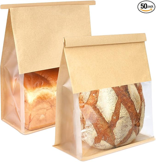 50 Pack Bread Bags with Tabs for Homemade Sourdough Bread, 8.7x4.3x11 Inches Tin Tie Tab Lock Large Paper Bakery Packaging Bags with Window for Gifting & Bake Sale | Thick Material