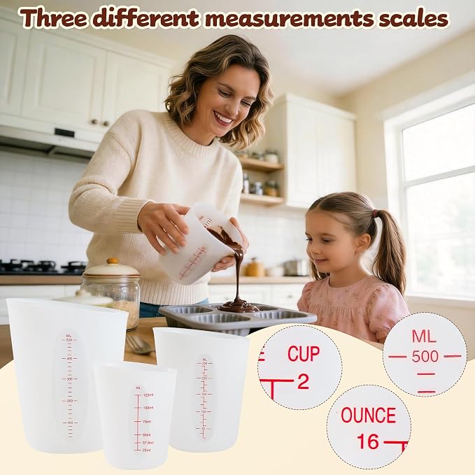 Food-Grade Silicone Measuring Cups for Melting Chocolate, 3Pcs BPA Free Silicone Baking Measuring Cups with 1/2Cup/1Cup/2Cup Capacity, Reusable Silicone Cups for DIY Chocolate Mold