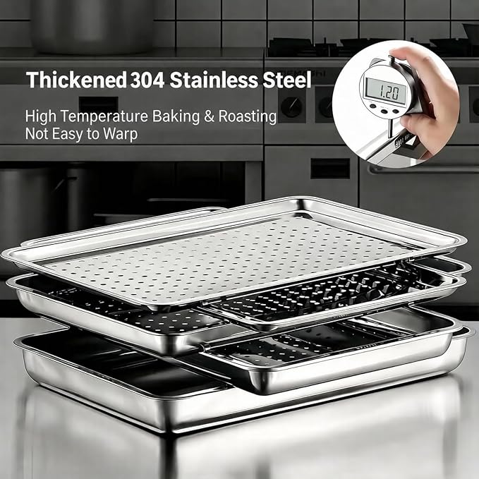 23.5"x15.5" 304 Stainless Steel Baking Pan & Crisping Tray Set | 2-Pack, Heavy Duty, Uncoated Non-Toxic, Commercial Grade, Deep Solid Pan & Perforated Tray, For Roasting Thawing Draining