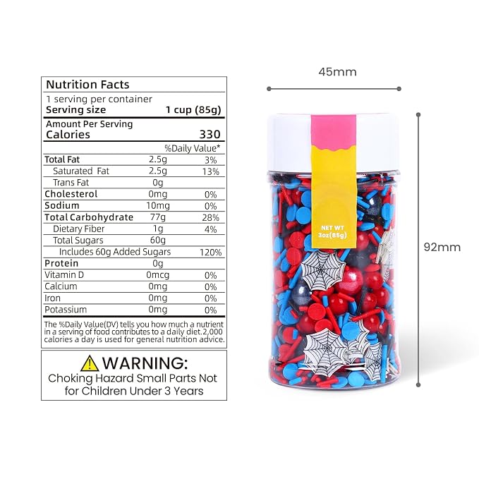 85g Edible Spider Sprinkles, Superhero Cake Decorating, Red and Blue Jimmies and Sugar Pearl for Themed Toppers, Birthday, Children's Party Supplies 3oz