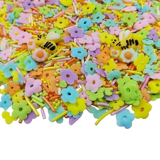 Edible Flower Sprinkles, Spring Colorful Sprinkles for Cake Decorating, Easter Sprinkle with Bees jimmies Pearls for Baking Cookie, Cupcake Toppers, Ice Cream Topping, and Birthday Decorations