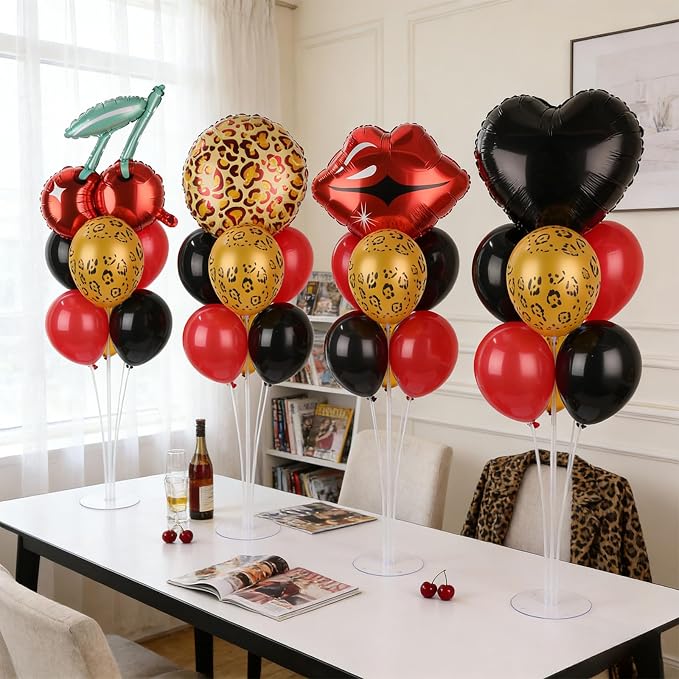 4 Sets Cheetah and Cherry Party Balloons Stand Kit with Black Red Cherry Leopard Print Foil Balloon Centerpiece for Tables Leopard Print Party Balloon for Girls Women Leopards Birthday Decorations