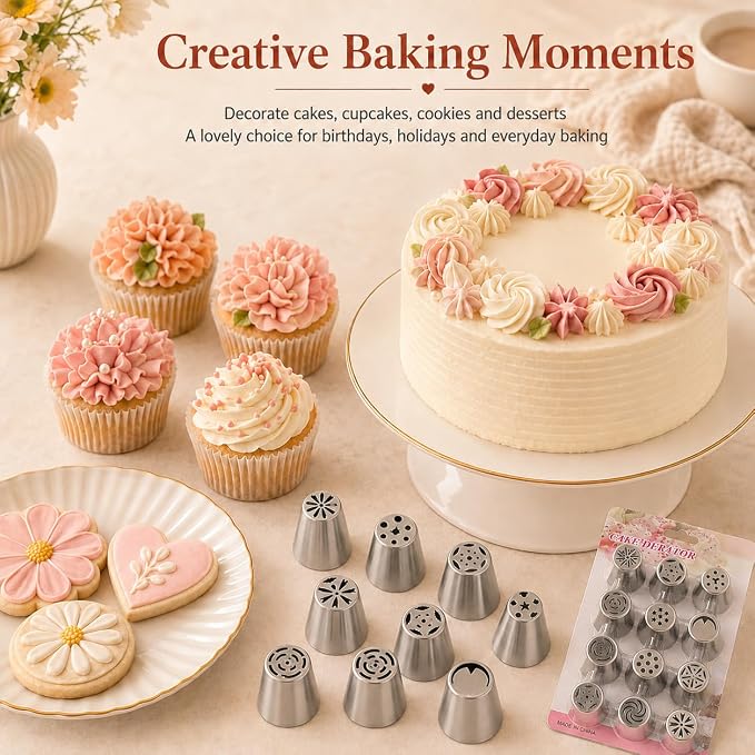 12 PCS Russian Piping Tips, Stainless Steel Flower Piping Tips for Cake Decorating, Flower Icing Tips and Frosting Nozzles for Cupcakes, Cookies, Desserts and DIY Baking Decoration