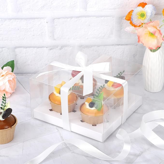 EUSOAR Cupcake Boxes 4 Count, 6 Pack White Bakery Cupcakes Containers Clear with Gift Ribbon, Rectangle Treat Dessert Muffins Holders Disposable Cake Carrier for Wedding Tea Party Favor Decor