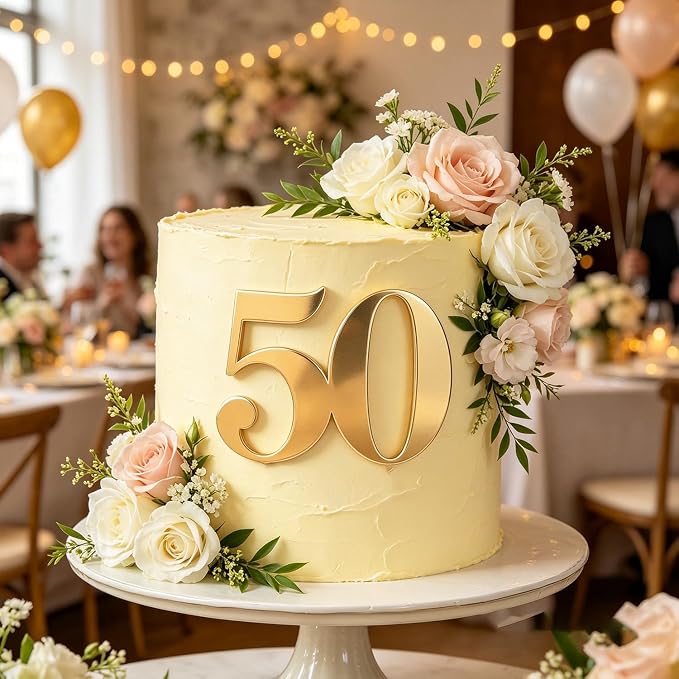 Acrylic Fifty Cake Topper, Gold Number 50 Cake Side Decoration, Happy 50th Birthday Cake Picks Decoration, Hello 50, 50th Anniversary Party Cake Charm Decor Supplies