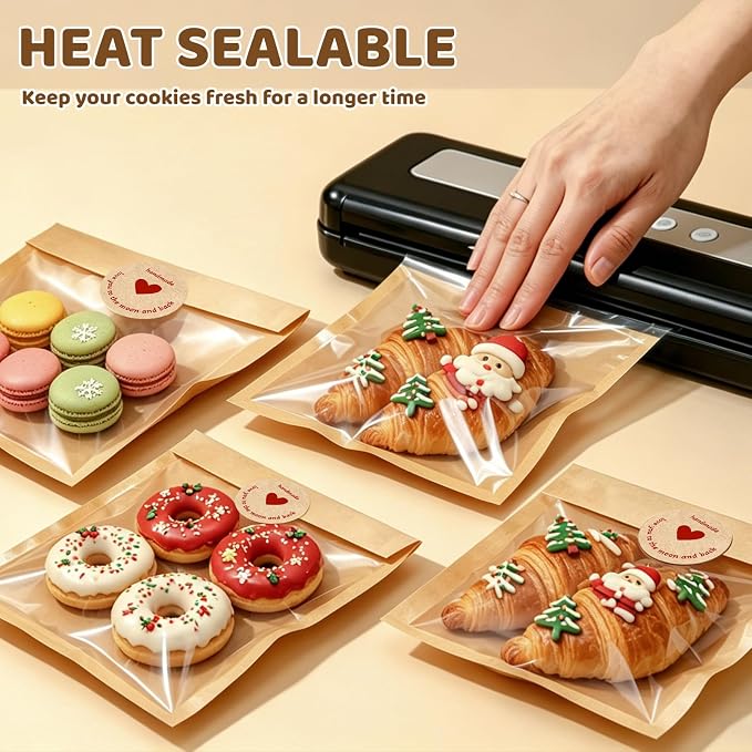 Individual Cookie Packaging Bags with Seal 120 Pack Bakery Bags for Cookies | 5.7x6.5 Inch Kraft Paper Cookie Bags with 120PCS Handmade Sticker Bakery Packaging Bags with Window for Candy Scone Brownie