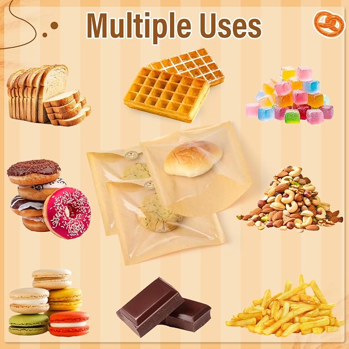 330 Pack Bakery Bags with Window, 7.5 x 7.1 Inches Bagel Bags, Sublaga Paper Sandwich Bag, Parchment Paper Bag, Donut To Go, Bakery for Cookies, Snack, Waffle Cake Packaging