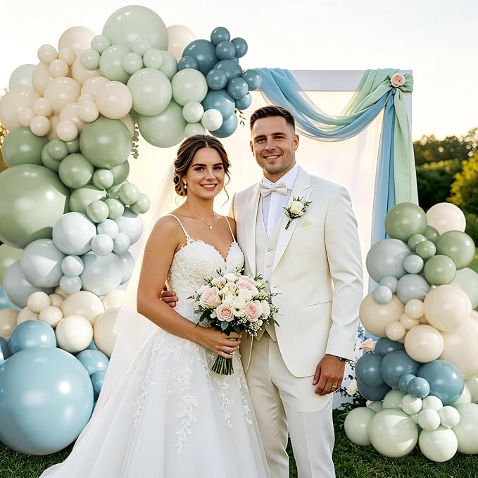 Sage Green Dusty Blue Balloon Arch Kit 124Pcs blue Green Light Green Sand White Balloons for Baby Shower Bridal Shower Anniversary Birthday Party Decorations