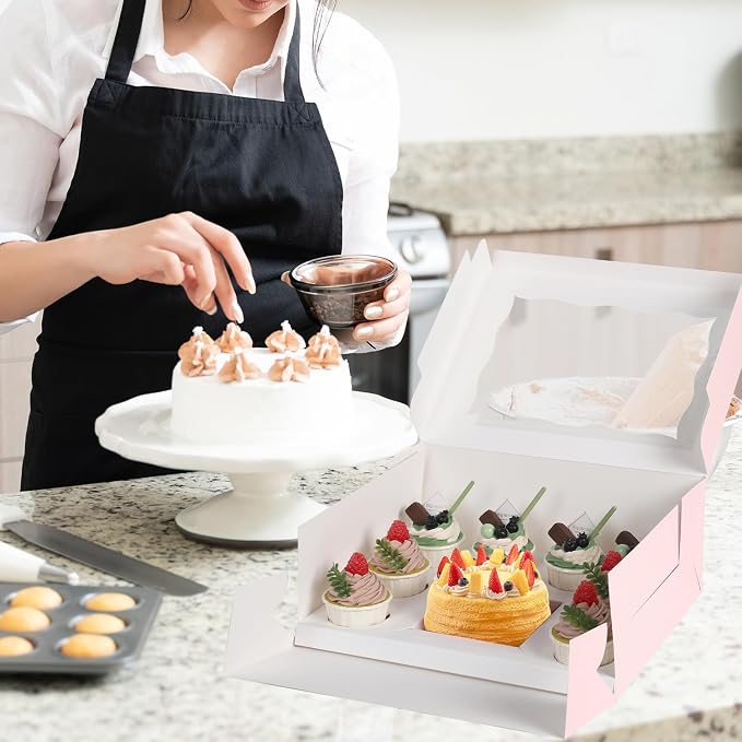 JCD 8 Packs Pink Bento Cake and Cupcake Box 1+8 Bento Box with Clear Window for 4-inch Cake and 8 Cupcakes Packaging Gift Baked Goods for Family Dinner Birthday Party Picnic Gift (Pink 1+8/8Pcs)