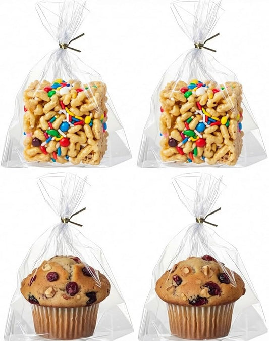NEKSUNBAK 200Pack 6x7 Cellophane Cupcake Bags with Gold Twist Ties, Flat Bottom–Food Safe Bakery Packaging for Muffins, Chocolate Bombs, Cookies&Macarons–Perfect for Party Favors&Holiday