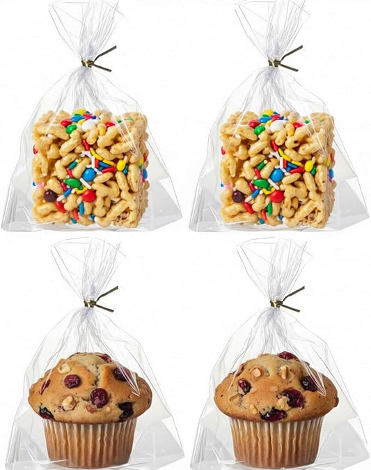 NEKSUNBAK 100Pack 6x7 Cellophane Cupcake Bags with Gold Twist Ties, Flat Bottom–Food Safe Bakery Packaging for Muffins, Chocolate Bombs, Cookies&Macarons–Perfect for Party Favors&Holiday
