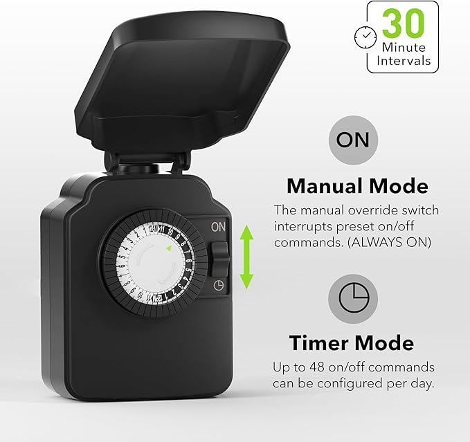 BN-LINK 24 Hour Heavy Duty Mechanical Timer, Outdoor Timer Outlet Waterproof with 30 Minutes Intervals, 1 Grounded Outlets for Christmas Lights Pool Pump,15A 1/2HP, ETL Listed（2 Pack）