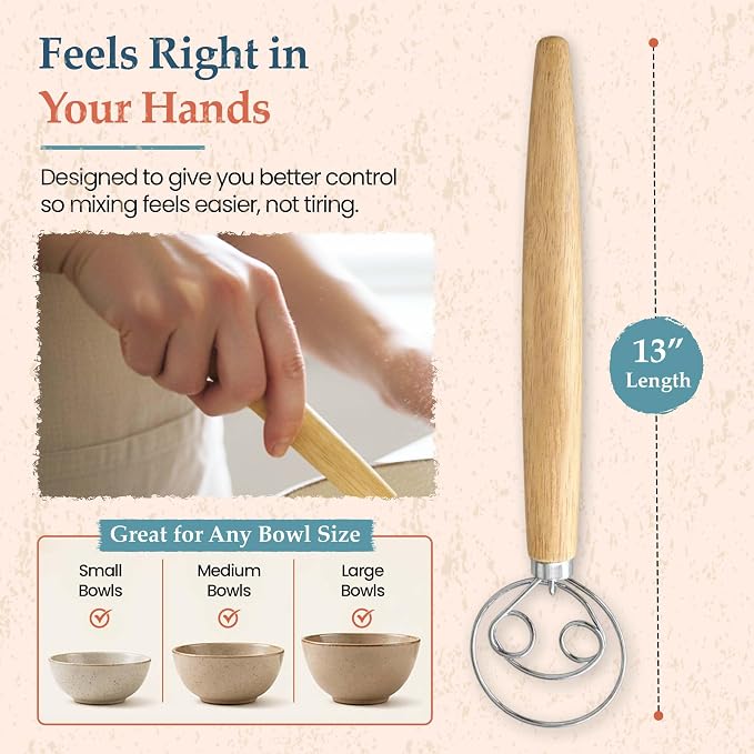 Danish Dough Whisk - 13 inch Stainless Steel Sourdough Whisk with Long Wooden Handle - Durable Bread Dough Mixer - Perfect Stirrer for Artisan Loaves, Pizza Dough & Pancakes