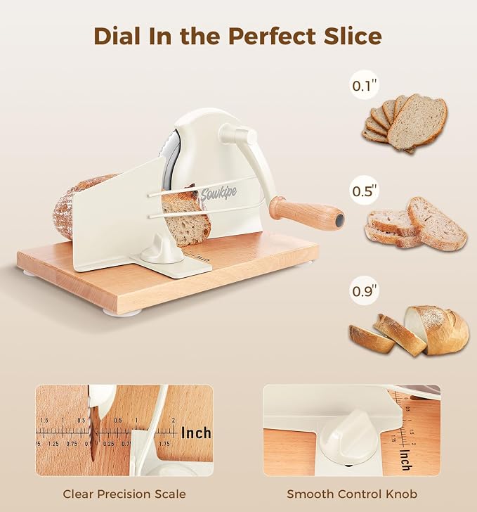 SOWKIPE Upgraded Manual Bread Slicer for Homemade Sourdough Bread, Adjustable Thickness Hand Crank Bread Cutter with Metal Guide, Scale Line, Even Slices, Suction Cups, Cover (Cream)
