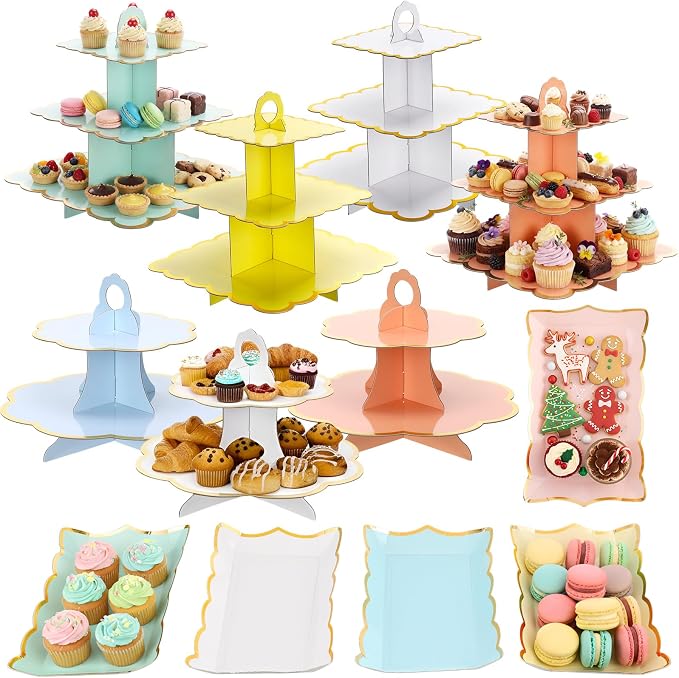 12 Pcs Tea Party Cupcake Stand Decorations Spring Cardboard Cupcake Tower 4 3-tier Cake Stands 3 2-tier Cake Holders 5 Trays for Flower Tea Party Princess Birthday Wedding Supplies(Macarons)