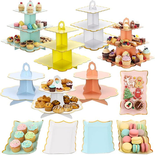 12 Pcs Tea Party Cupcake Stand Decorations Spring Cardboard Cupcake Tower 4 3-tier Cake Stands 3 2-tier Cake Holders 5 Trays for Flower Tea Party Princess Birthday Wedding Supplies(Macarons)