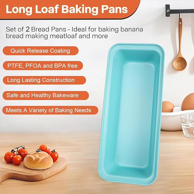 2 Pack 12x 4 Loaf Pan, Large Bread Pans for Baking Homemade Bread | Carbon Steel Nonstick Bread Loaf Pans for Sandwich, Banana Bread, Meatloaf, Cake, PTFE & PFOA Free