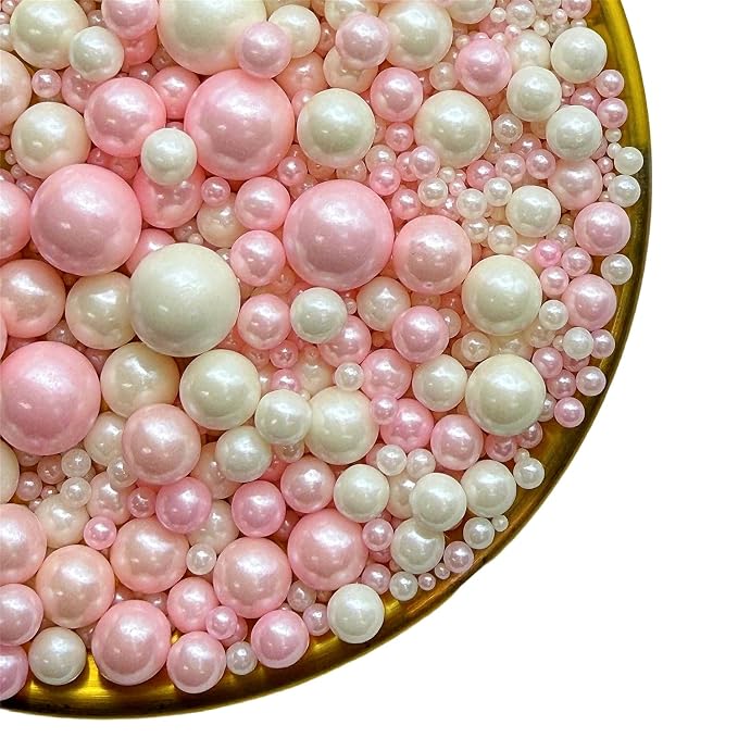 CandiJumpin Edible Pearls for Cake Decorating, Pink and White Pearl Sprinkles Baby Pink Sugar Pearls Edible Cake Decorations White Pearl Sugar Sprinkles Cupcake Toppers Valentines Baby Shower Party Birthday Wedding Christmas Supplies 3 OZ