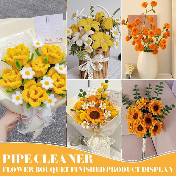 AHAMETON 620Pcs Golden Orange Pipe Cleaner Flower Kit, 6 Colors Bulk Pipe Cleaners Craft Supplies with Wire, Stamens, Ribbon, Tapes, Card, DIY Flower Making for Gifts Home Decor, Party & School Crafts