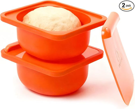 Red 2 Pack 500ml Pizza Dough Proofing Containers With Lids - Silicone Pizza Dough Proofing Box With Built-In Dough Cutter and Measurement Marks, Stackable, Dishwasher, Fridge & Freezer Safe
