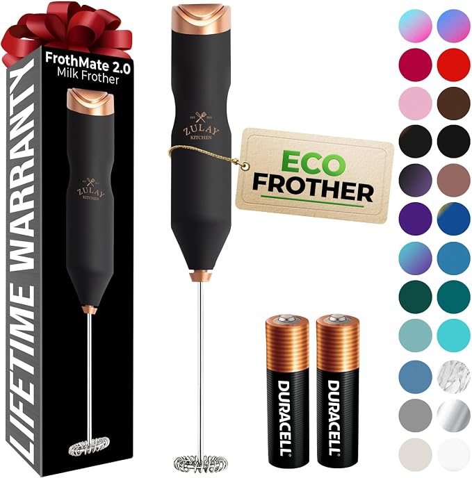 Zulay Kitchen Powerful Frother Wand AA Batteries Included, Ultra Fast Handheld Drink Mixer, Comfort Milk Frother, Stainless Steel Whisker, Frother Handheld for Coffee, Protein & Matcha - Frothmate 2.0