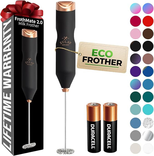 Zulay Kitchen Powerful Frother Wand AA Batteries Included, Ultra Fast Handheld Drink Mixer, Comfort Milk Frother, Stainless Steel Whisker, Frother Handheld for Coffee, Protein & Matcha - Frothmate 2.0