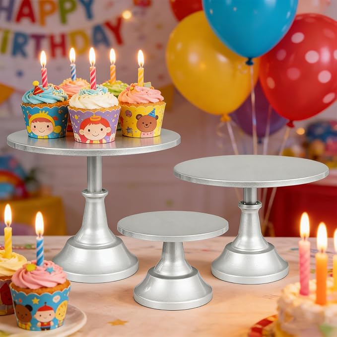 3 Pcs Cake Stand Set Metal Round Cake Holder Cupcake Stands 8/10/12 inch Silvery Dessert Display Stands Dessert Table Decorations for Birthday Parties, Baby Shower,Wedding Banquets and Anniversary