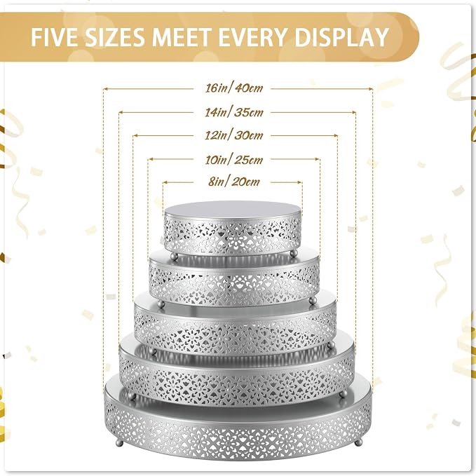 Wenqik 5 Pcs Metal Silver Cake Stand 16/14/12/10/8 Inch Round Cake Holder Display for Dessert Table Cookies Fruit Serving Tray Cupcake Pastry Riser for Wedding Birthday Party and Events