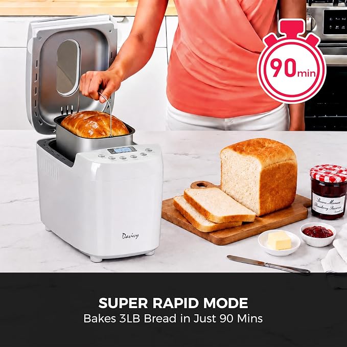 Davivy 3LB Bread Maker, 15 Preset Programs with 4 Quick Mode, 15H Delay Timer & Keep Warm, 3 Loaf Sizes & 3 Crust Shades, Gluten-free, Homemade Bread, Dough, Cake, Yogurt & Jam
