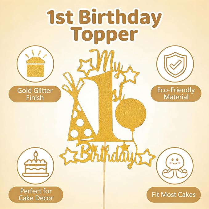 Happy Birthday Cake Topper Party Decorations for Kids Baby Showers, Themed Parties Happy Birthday Celebrations for Cake Decor Enthusiasts (Gold)