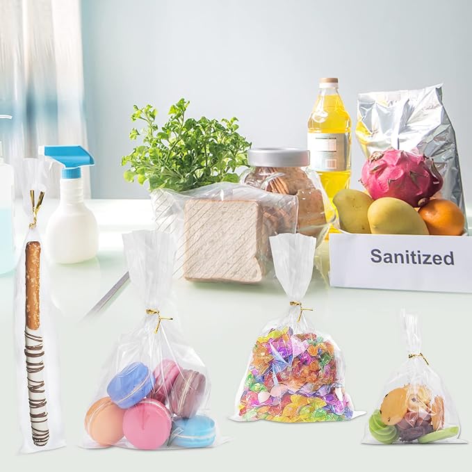 400 PCS Clear Flat Cellophane Treat Bags with 3x5",4x6",5x7",2x10",Treat Bags with Ties are Good for Pretzel Rods,Bakery, Cookies, Candies,Dessert.