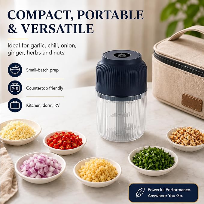 Electric Garlic Chopper, Mini Cordless Food Processor with 6 Stainless Steel Blades, USB Rechargeable Vegetable Mincer for Garlic, Onion, Ginger, Chili, Nuts, Meat & Meal Prep，Blue：4Blades