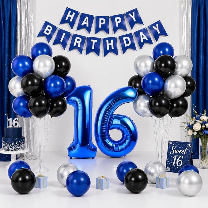 Blue 16th Birthday Decorations For Boys -12 Inch Navy Blue Black Silver Balloons, 32 Inch16 Balloon, Happy Birthday Banner For Sweet 16 Party Decorations Boy